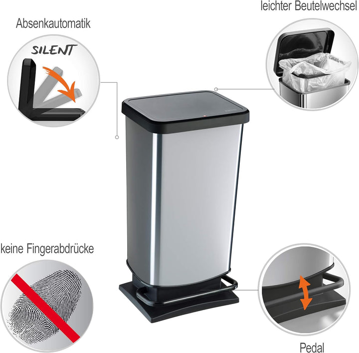 Rotho Paso Mülleimer 40l mit Pedal und Deckel, Kunststoff (PP) BPA-frei, silber metallic, 40 Liter (