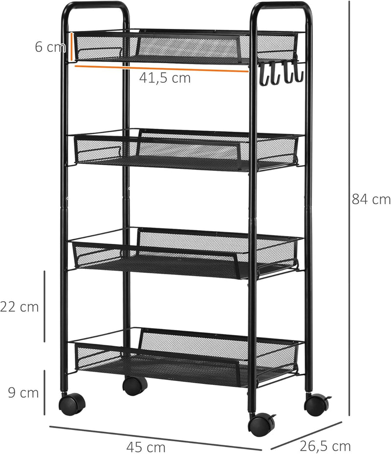 HOMCOM Servierwagen abnehmbar, Rollwagen mit 4 Ebene, Küchenwagen mit Haken, Aufbewahrungswagen mit