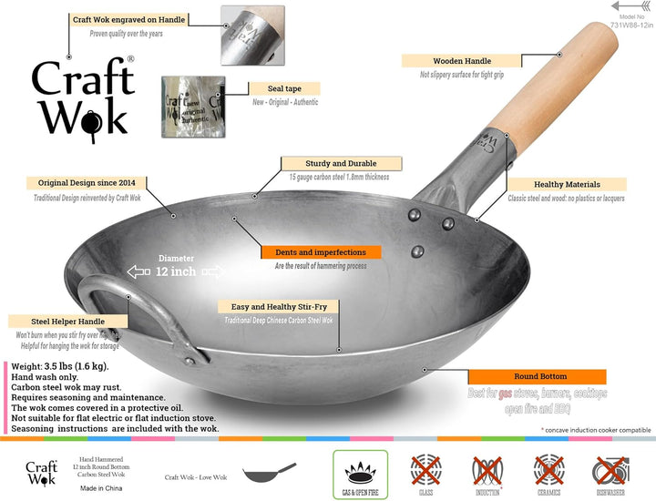 Craft Wok Traditioneller handgehämmerter Karbonstahl Pow Wok mit Holz- und Stahl-Helfergriff (30,5 c