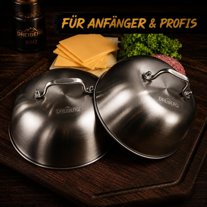 DREIBERG® Burgerglocke 2er Set – Edelstahl Schmelzglocke für Cheeseburger. Schmelz- und Abdeckhaube
