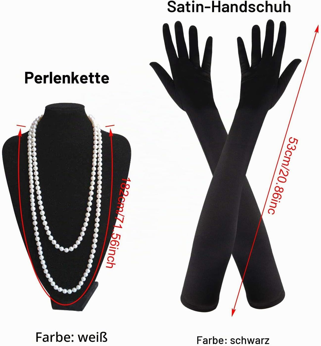 ELECLAND 1920er V-Ausschnitt Pailletten Perlen Fransenkleid mit 20er Accessoires Set M Schwarz, M Sc