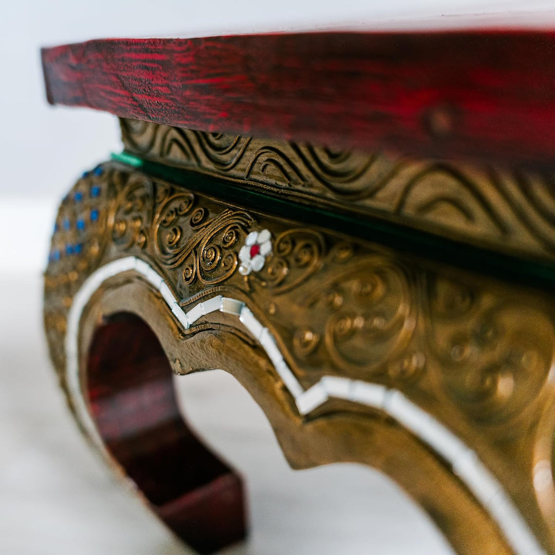 livasia Opiumtisch mit Glasmosaikverzierungen, Beistelltisch aus Holz, Nachttisch, asiatischer Hocke