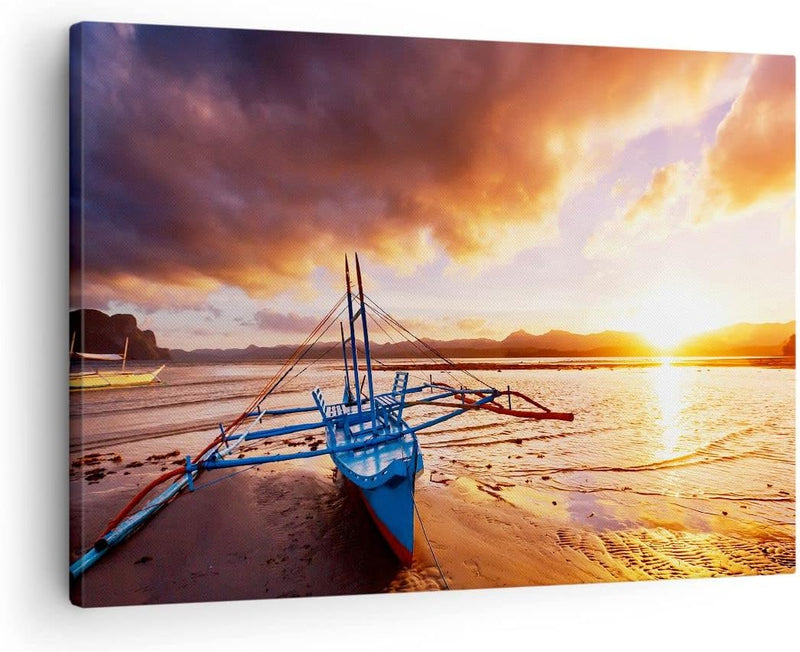 Bilder auf Leinwand Ufer Boot Strand Leinwandbild mit Rahmen 70x50cm Wandbilder Dekoration Wohnzimme