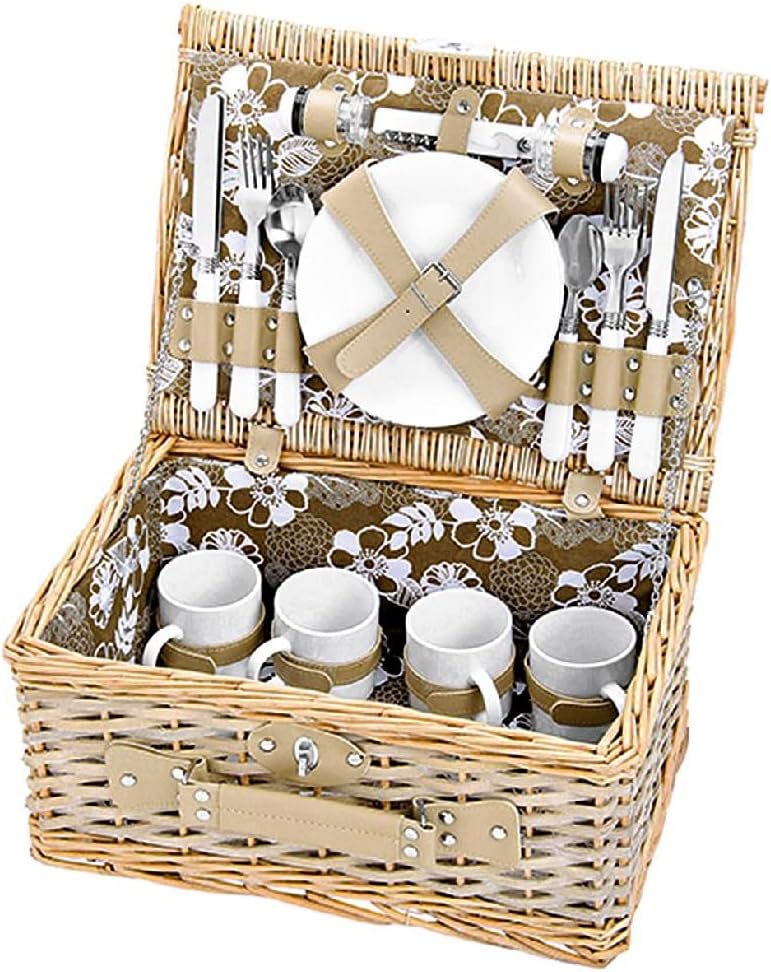 Picknickkorb Grün-Weiss mit Blumenmuster | Picknickset für 4 Personen mit Teller, Besteck und Tassen