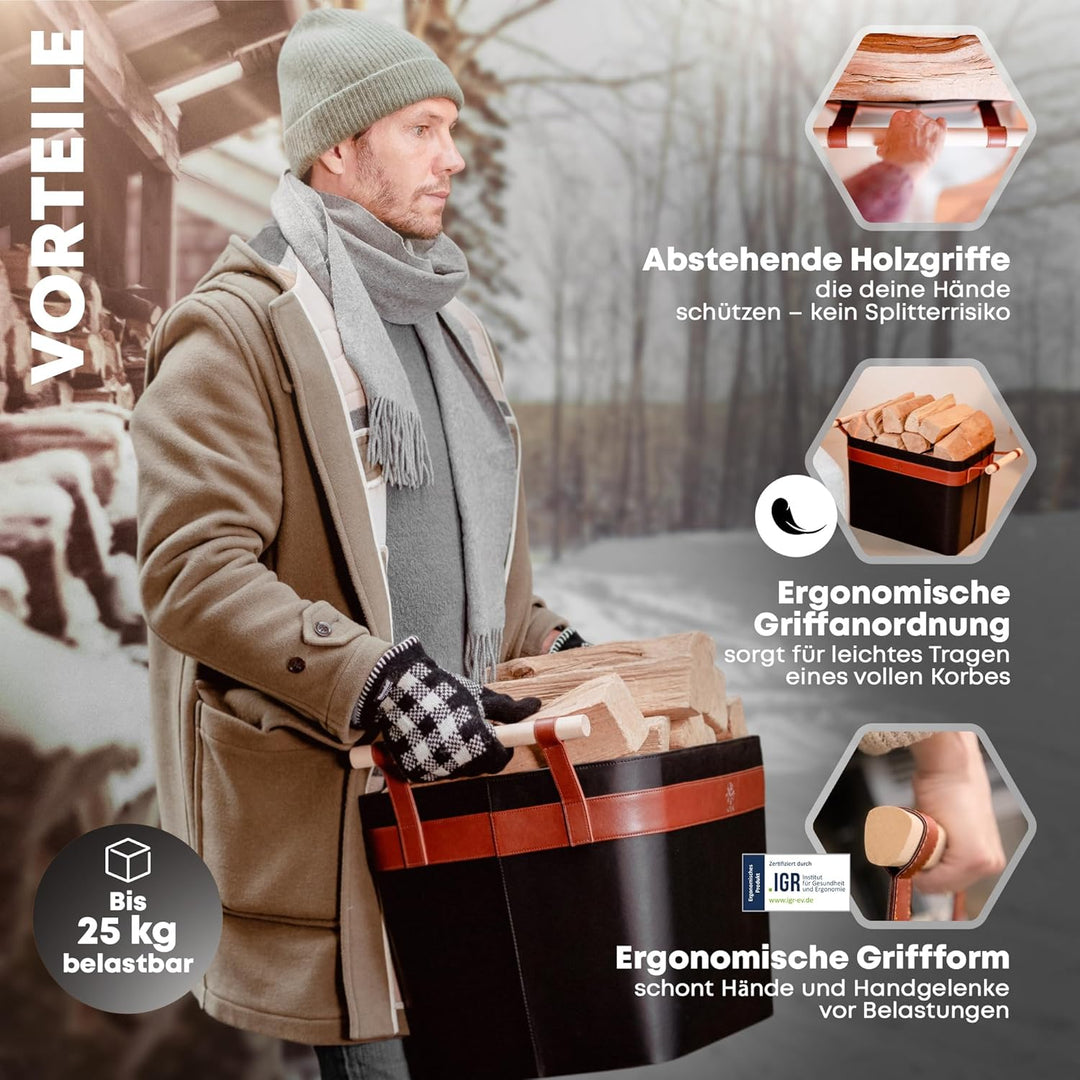 OAKAGE® Holzkorb für Kaminholz Gross aus veganem Leder Kaminholzkorb Feuerholzkorb Brennholzkorb Kam