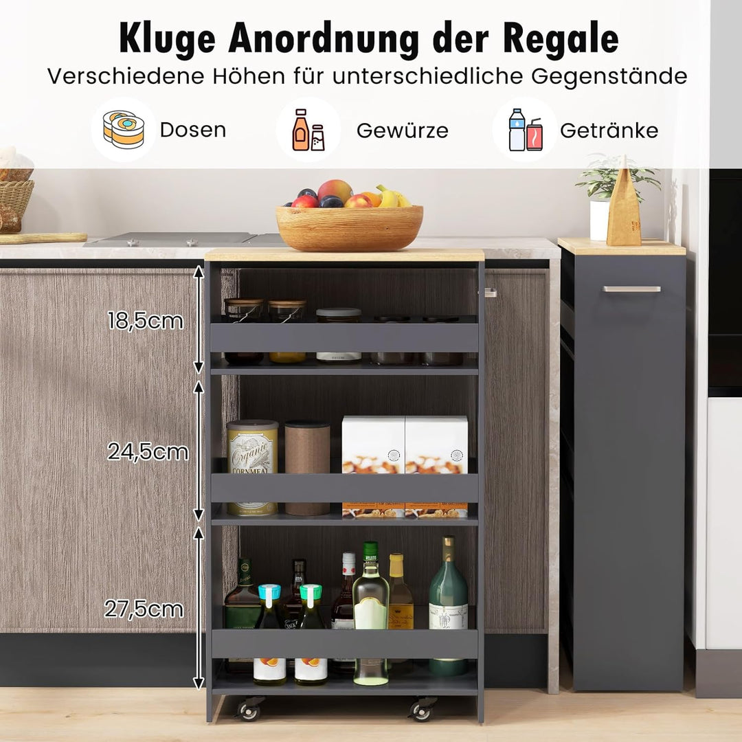 COSTWAY Nischenwagen 20cm breit, 4 Etagen Küchenwagen schmal, Nischenregal auf Rollen, Servierwagen