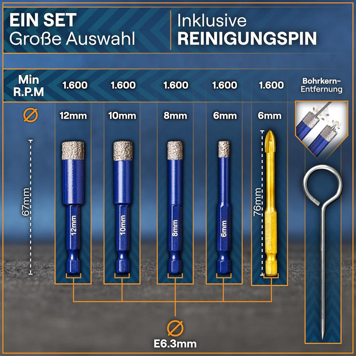 WERKSTEIN Fliesenbohrer Set - 6I8I10I12mm Glasbohrer & 6mm Karbid-Anbohrer - Diamantbohrer zum Bohre