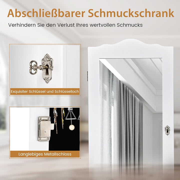 COSTWAY Schmuckschrank, Schmuckregal abschliessbar, Schmuck Spiegelschrank mit Ganzkörperspiegel für