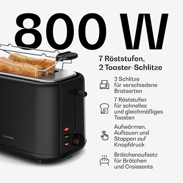 Klarstein Velaire Toaster Wasserkocher Set – 2 Scheiben Toaster mit 7 Bräunungsstufen, Brötchenaufsa