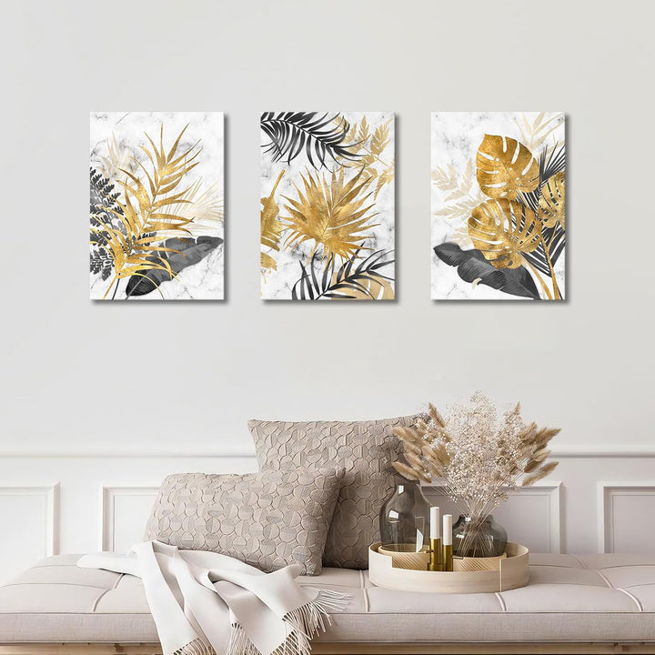 3 Teilig Leinwandbilder Bilder mit Rahmen Abstrakt Grau Gold Blätter bild auf leinwand Wandkunst Mod