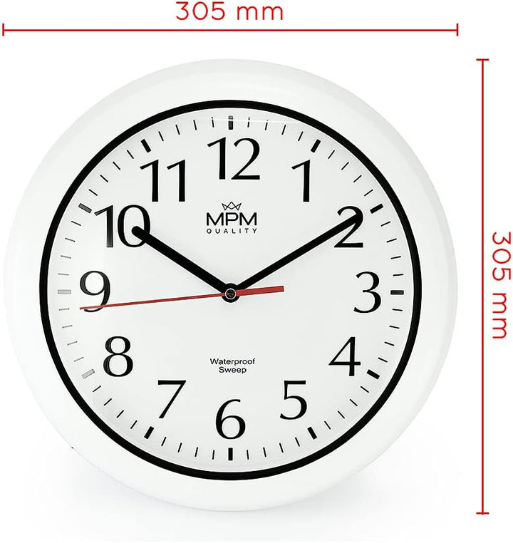 MPM Quality Design Badezimmer-Wanduhr aus Kunstoff und Mineralglas, Quarz Sweep, 3-5 ATM Wasserdicht