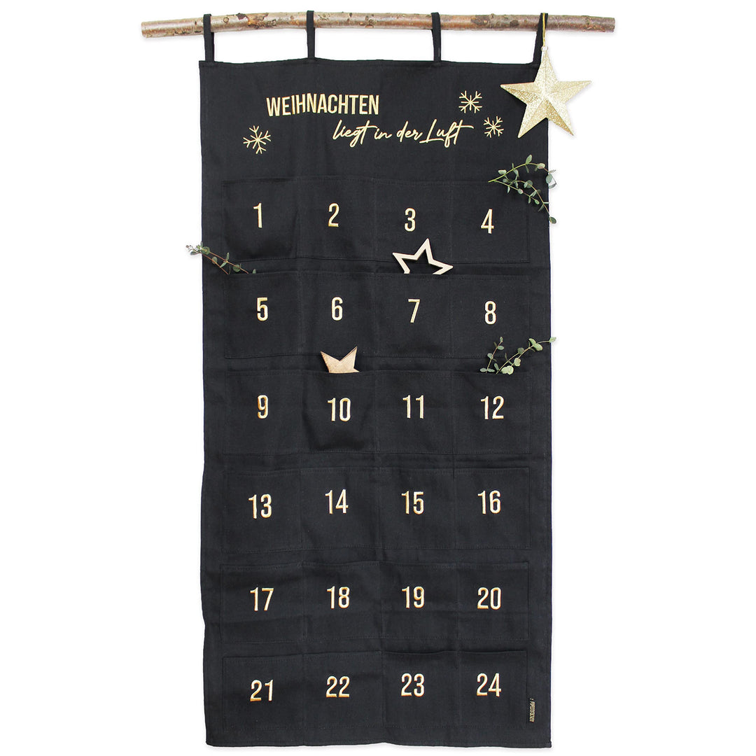 Papierdrachen Adventskalender 2023 als Wandkalender aus Stoff zum Befüllen - schwarz &amp; gold - hochwe