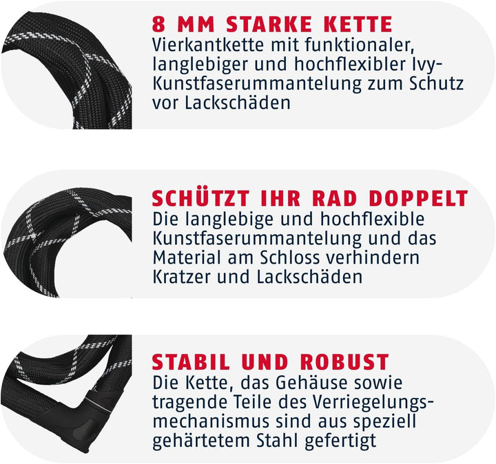 ABUS Kettenschloss Iven Chain 8210 – Fahrradschloss aus gehärtetem Stahl – mit Kunstfaserummantelung