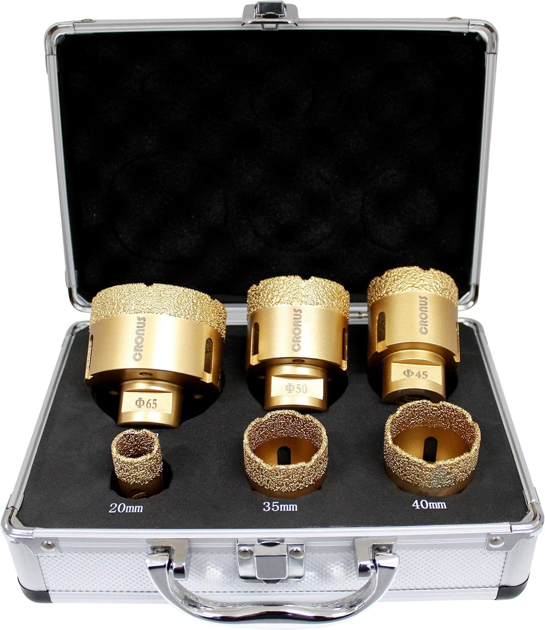 Premium Diamantbohrer CRONUS M14 10mm-65mm Bohrkrone Fliesenbohrer trocken (Set Etui - 6Stk), Set Et