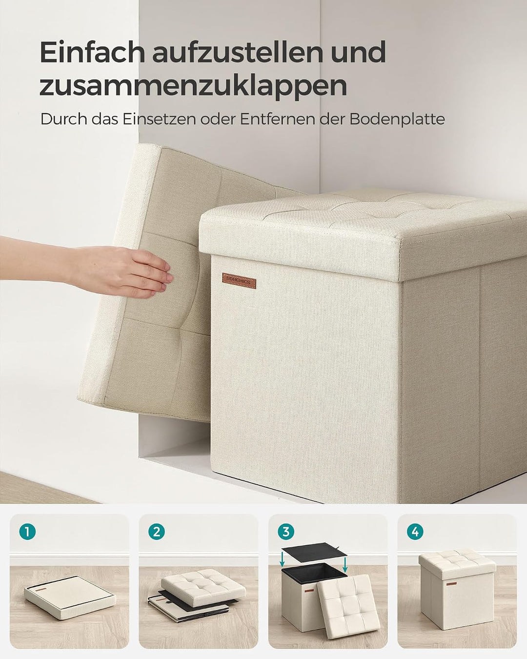 SONGMICS 38 cm Sitzbank mit Stauraum, klappbare Sitztruhe, Aufbewahrungsbox, Fussbank, cremeweiss LS