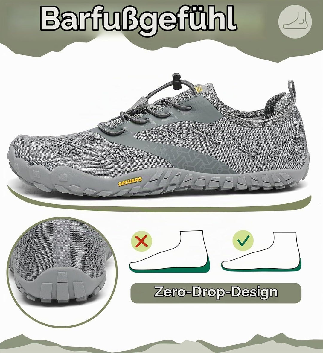 SAGUARO Unisex Barfussschuhe Indoor &amp; Outdoor Fitnessschuhe, Gr. 36-48 39 EU Grau, 39 EU Grau