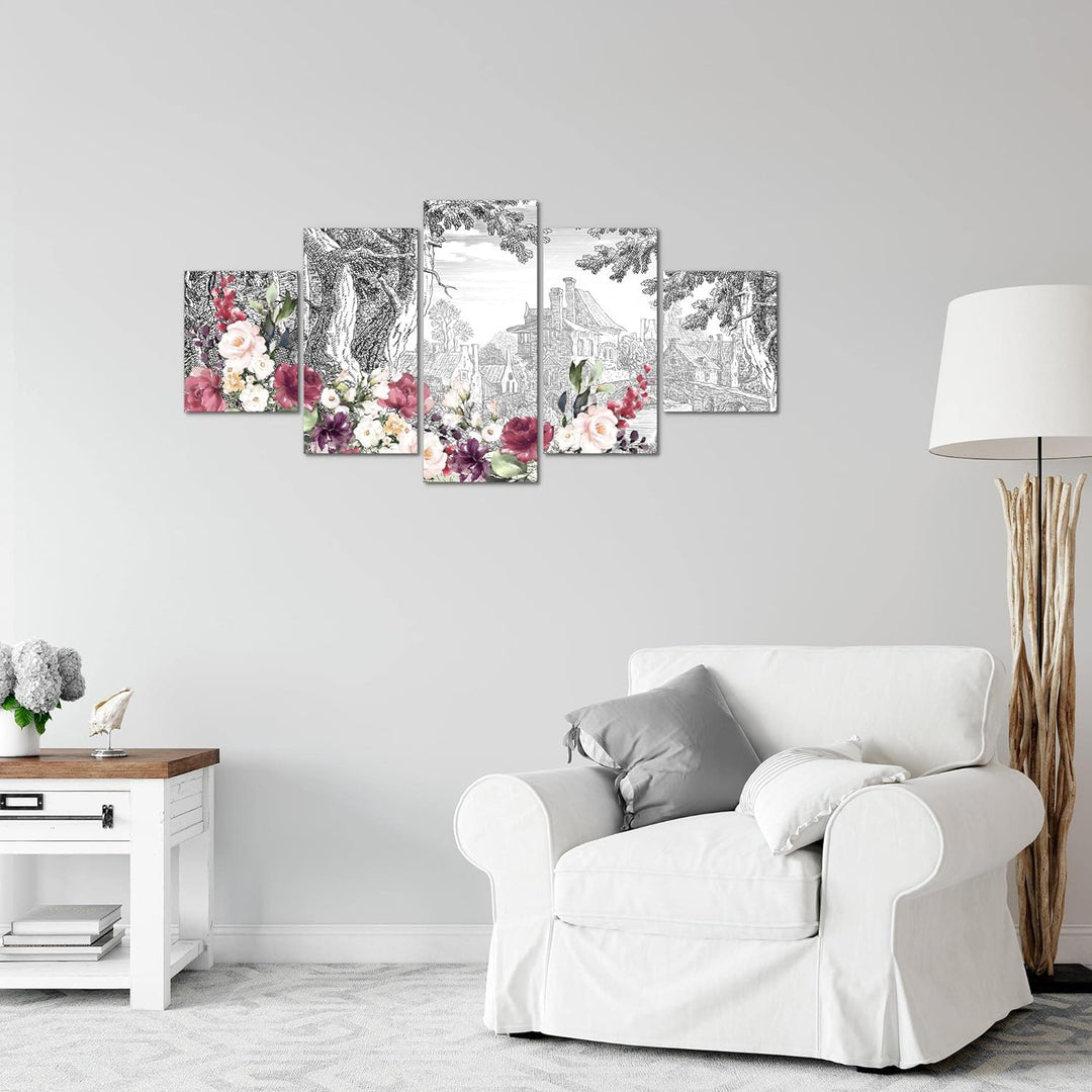Runa Art Wandbilder Stadt Vintage 5 Teilig Bild auf Vlies Leinwand Deko Wohnzimmer Schlafzimmer Blum