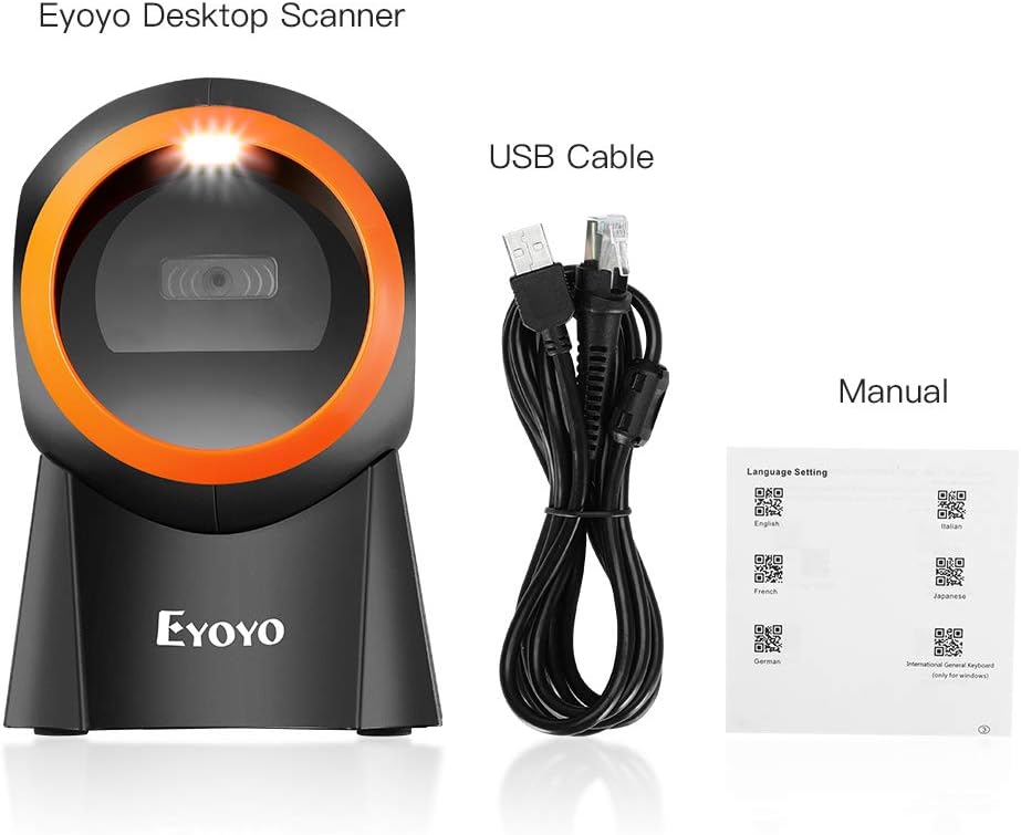 Eyoyo 1D 2D QR Desktop Barcode Scanner with Large Scan Window, Hands-Free Barcode Reader with QR Scr