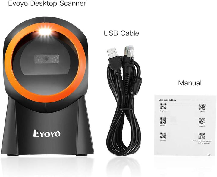 Eyoyo 1D 2D QR Desktop Barcode Scanner with Large Scan Window, Hands-Free Barcode Reader with QR Scr