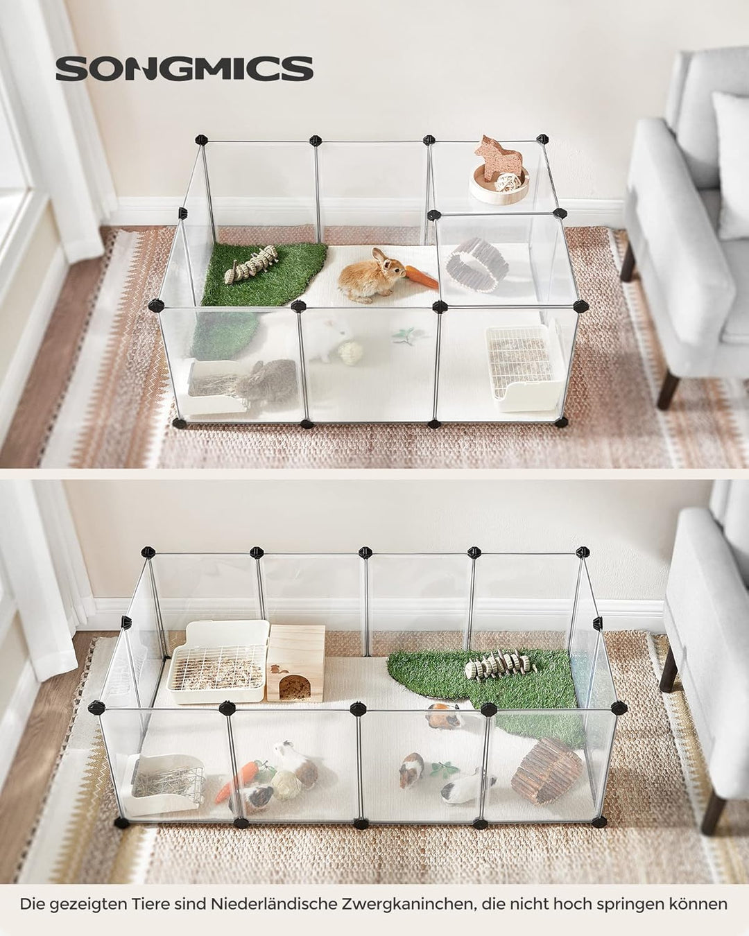 SONGMICS Freigehege mit Bodenplatten, Laufstall, Meerschweinchen Gehege, aus Kunststoff, Gehege für