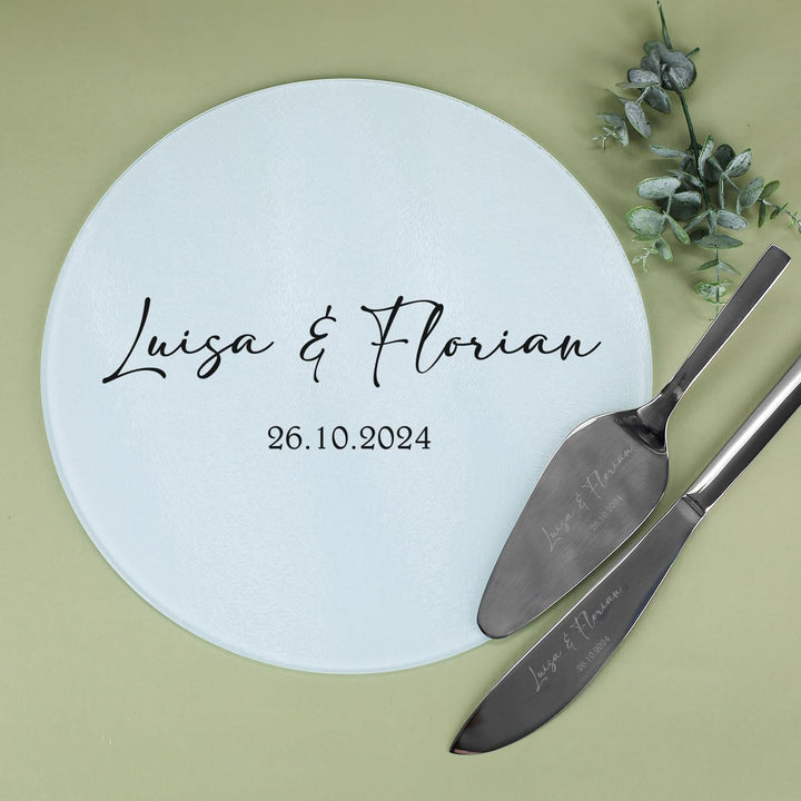 Herz &amp; Heim® WMF Tortenbesteck zur Hochzeit mit passendem Tortenteller, personalisiert, Motivauswahl