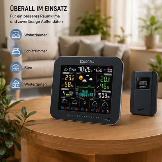 SOUCCESS Smarte Wetterstation Deluxe mit Aussensensor – WiFi Funkwetterstation mit Tuya Smart Life A