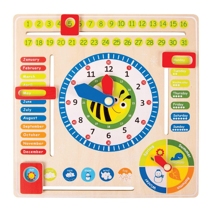 small foot Lerntafel Datum, Uhr-& Jahreszeiten in Englisch aus Holz, mit Zeigern und Kästchen, ab 3