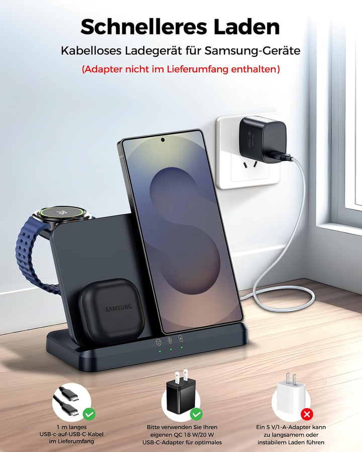 EGV Induktive Ladestation für Samsung – 3-in-1 Wireless Charger kompatibel mit Galaxy S26 Ultra/S25/