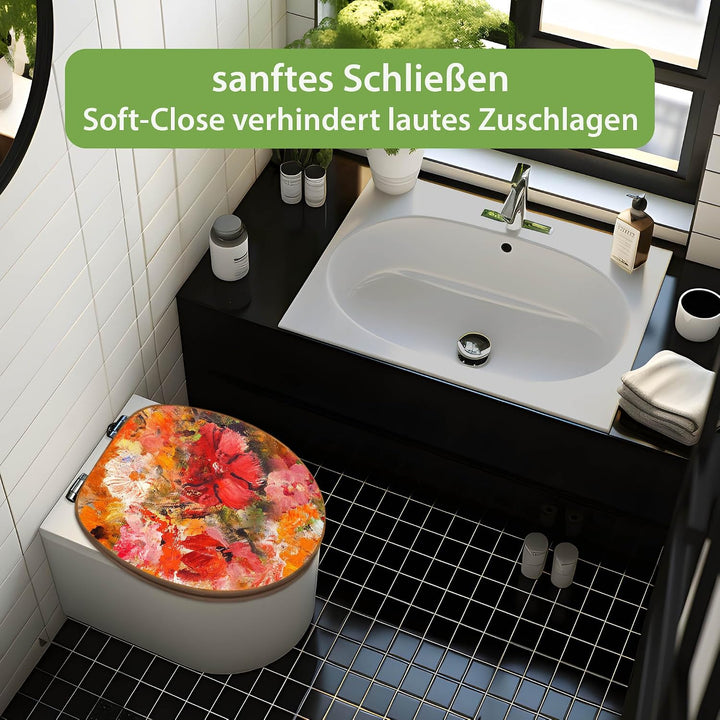 banjado® Design WC Sitz Bambus Absenkautomatik mit Motiv Fallende Blumen/Toilettendeckel mit Absenka