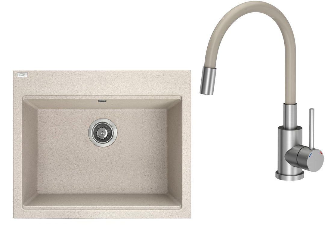 VBChome Spülbecken mit Armatur 60 x 50 cm Beige Einzelbecken Granit Rechteckig Einbauspüle Gesprenke