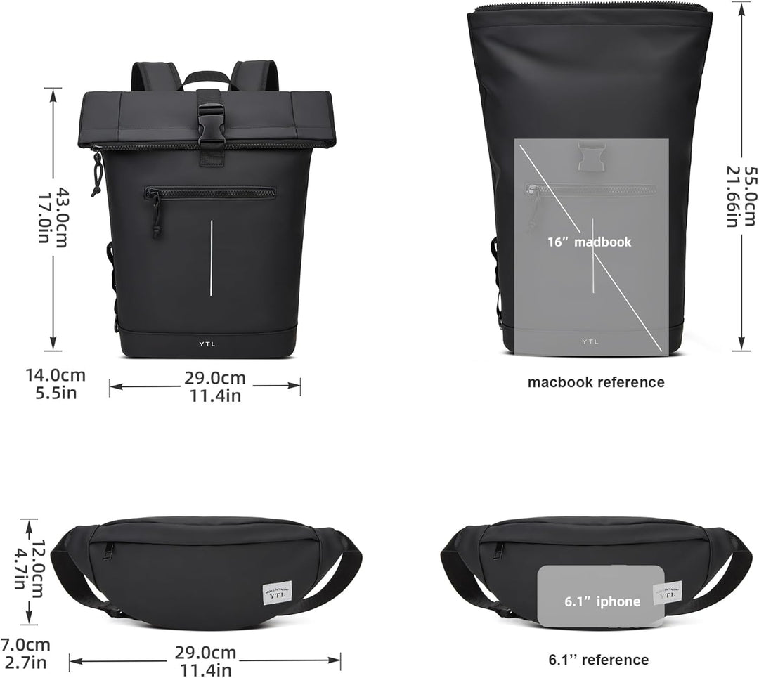 YTL Rolltop Wasserdicht Rucksack für Damen & Herren,mit Laptopfach für 17 Zoll,Gross Elegantrucksack