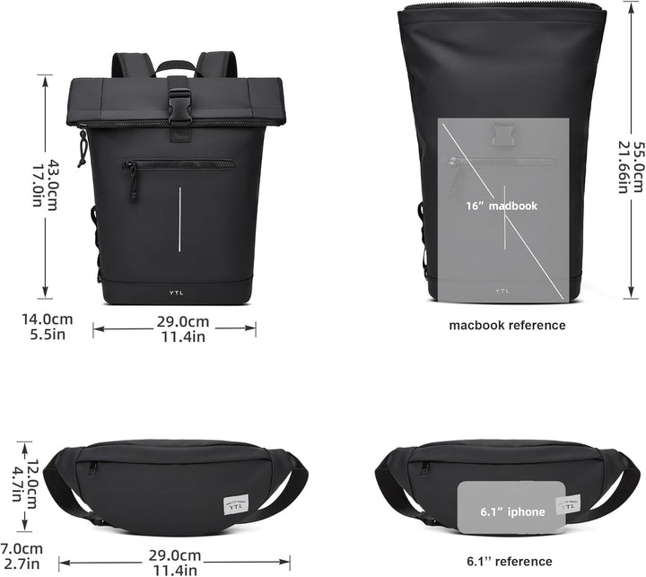 YTL Rolltop Wasserdicht Rucksack für Damen & Herren,mit Laptopfach für 17 Zoll,Gross Elegantrucksack