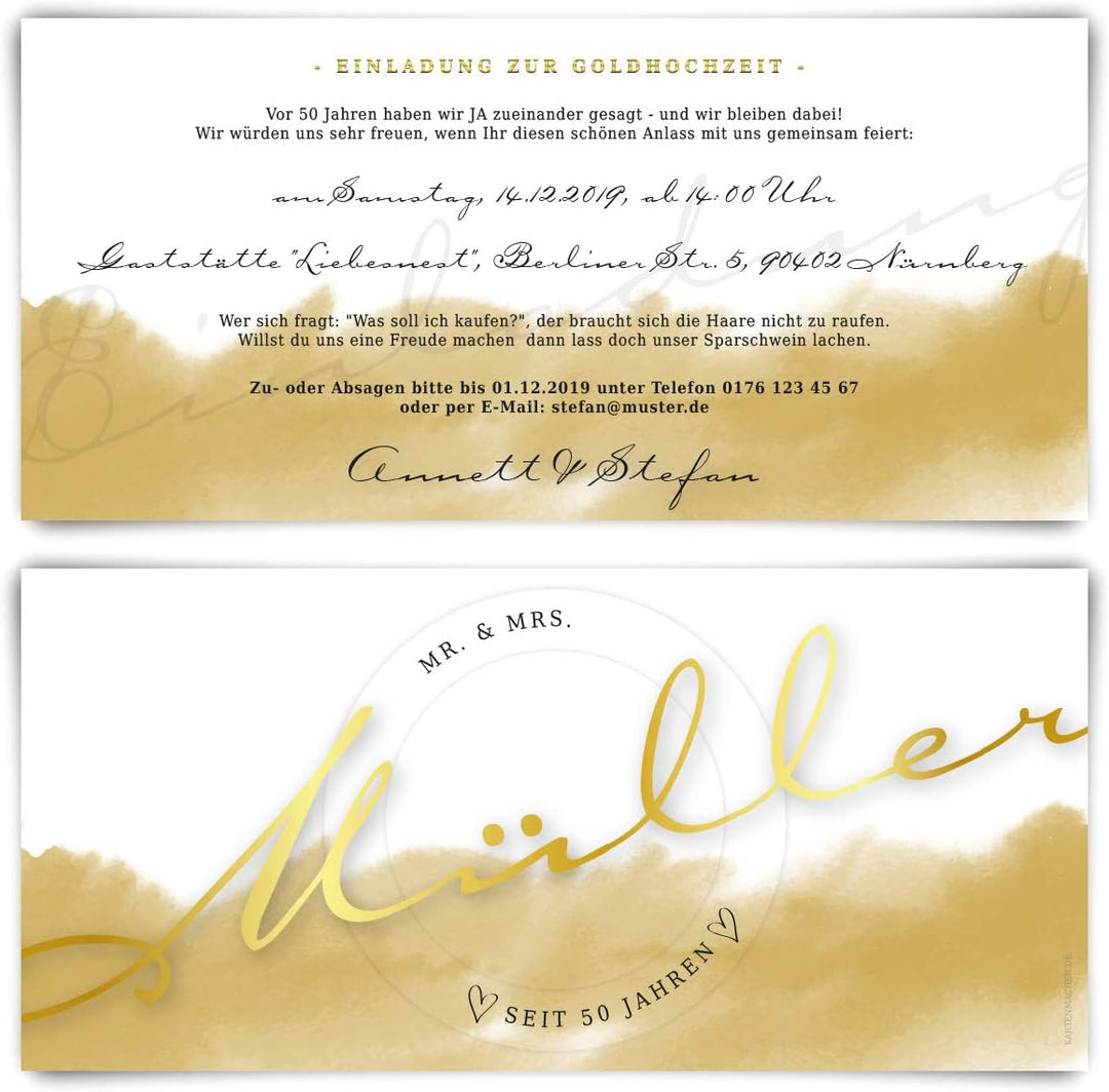 Kartenmachen.de 10 x Goldene Hochzeit Hochzeitseinladungen Goldhochzeit individuell Einladungskarten