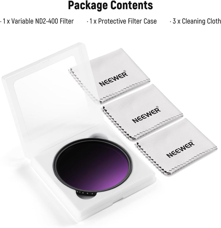 NEEWER 72mm Variabler ND Filter ND2-400 (1-9 Stop) mit 3X Reinigungstuch, Einstellbarer, drehbarer G