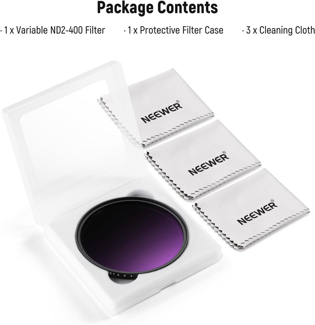 NEEWER 82mm Variabler ND Filter ND2-400 (1-9 Stop) mit 3X Reinigungstuch, Einstellbarer, drehbarer G