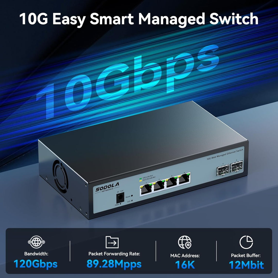 SODOLA 6 Port 10G Easy Web Managed Switch,4X 10G RJ45 + 2X 10G SFP+ Ports –LACP/QoS/VLAN/IGMP, 10Gbi