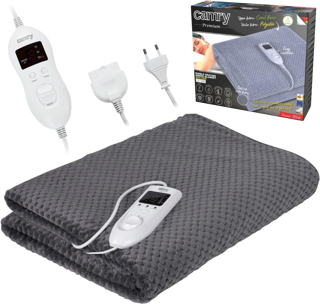 Camry CR-7416 Elektrische Bettheizung, 60 W, 8 Temperaturstufen, Timer, waschbar, 150 x 100 cm, Über