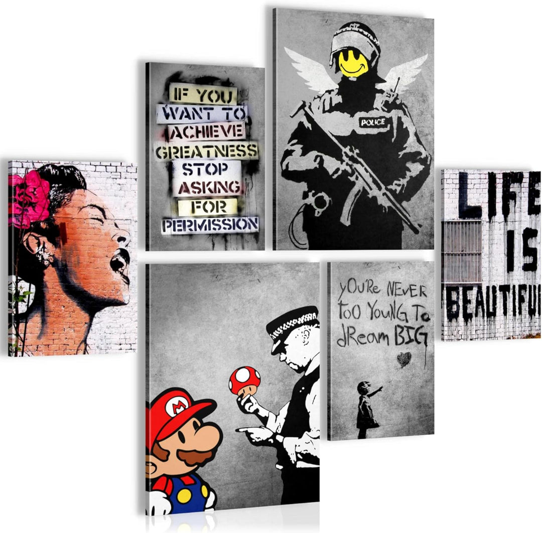 Novart Bilder Set - AUFHÄNGFERTIG - KEIN EXTRA RAHMEN BENÖTIGT - Banksy Collage Modern Street Art -