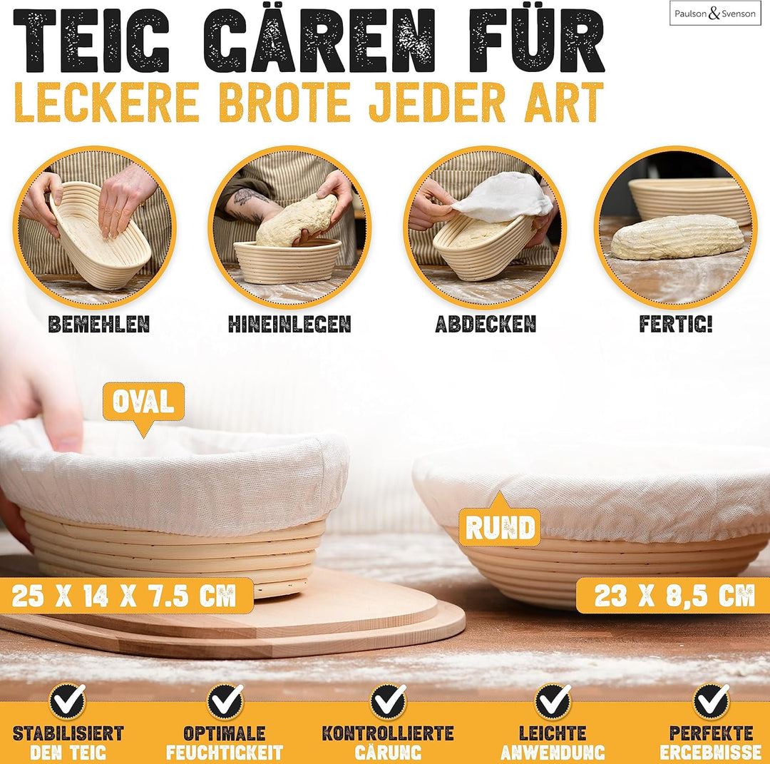 Paulson & Svenson - 2 Stück Gärkörbchen oval im Komplett-Set zum Brotbacken - 100% natürlichem Ratta