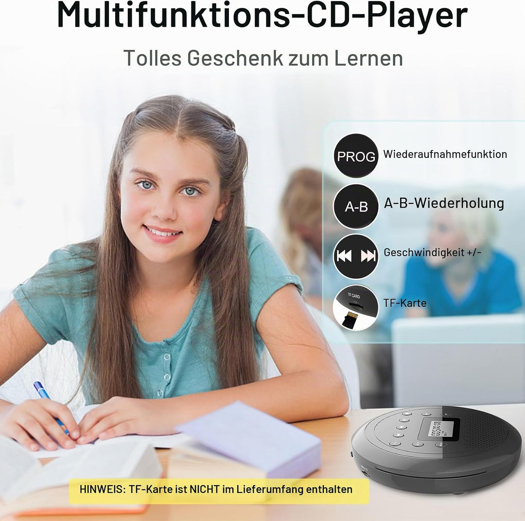 Tragbarer CD Player mit Lautsprecher, Wiederaufladbar Discman für Auto, Anti-Skip CD-Player klein fü