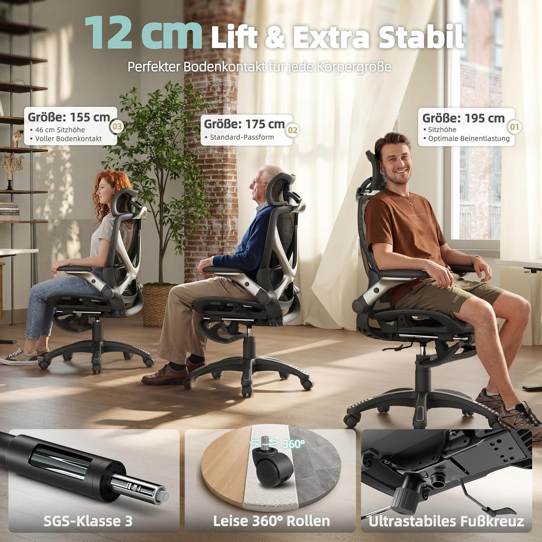 ELABEST X100 Ergonomischer Mesh-Bürostuhl mit Hoher Rückenlehne &amp; Fussstütze | 3D-Lordosenstütze, 12