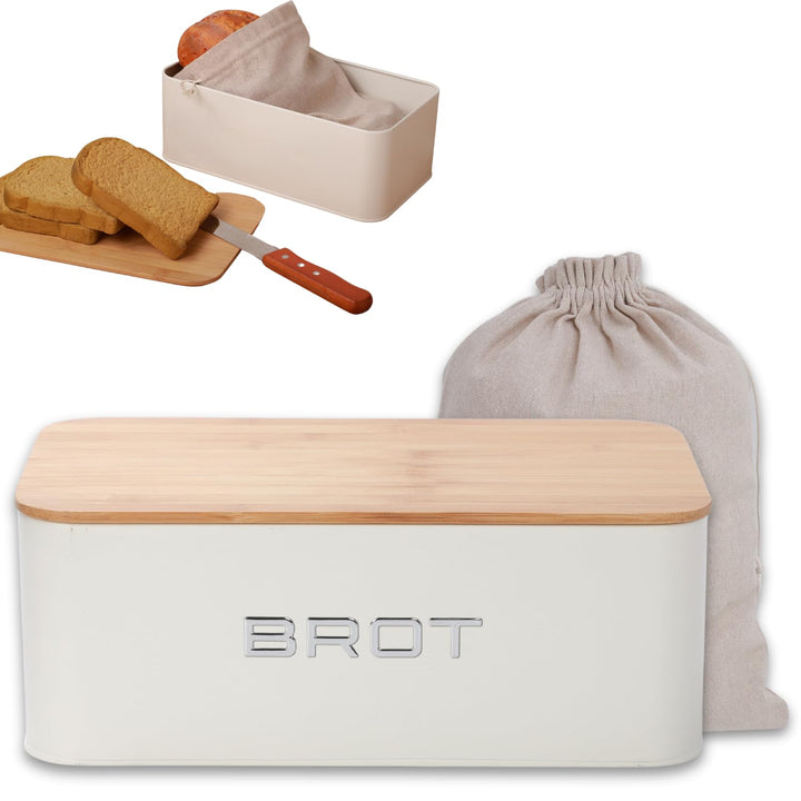 Brotkästen Metall mit Bambusdeckel – Moderne Brotbox Küche – Brot aufbewahren Inkl. Baumwollbeutel –
