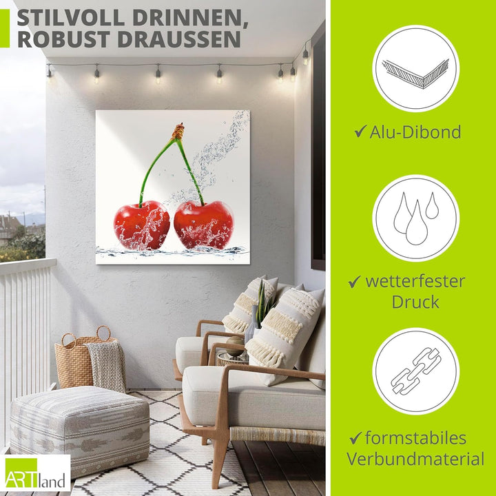 ARTland Wandbild Alu Verbundplatte für Innen & Outdoor Bild 40x40 cm Lebensmittel Obst Kirsche Wasse
