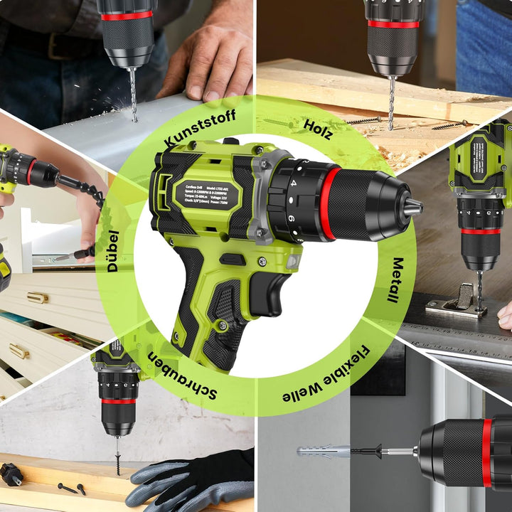 21V Akku bohrhammer, Bürstenlose Akkuschrauber Set mit 2 * 2000 mAh Akku, 3/8" Bohrfutter, 21+3 Dreh