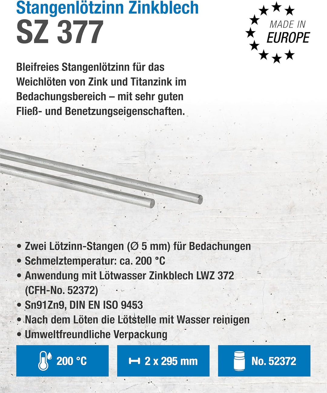 CFH Stangenlötzinn Zinkblech SZ 377 – 2 x Stangen Ø 5 mm à 295 mm, bleifrei, Sn91Zn9, Schmelztempera