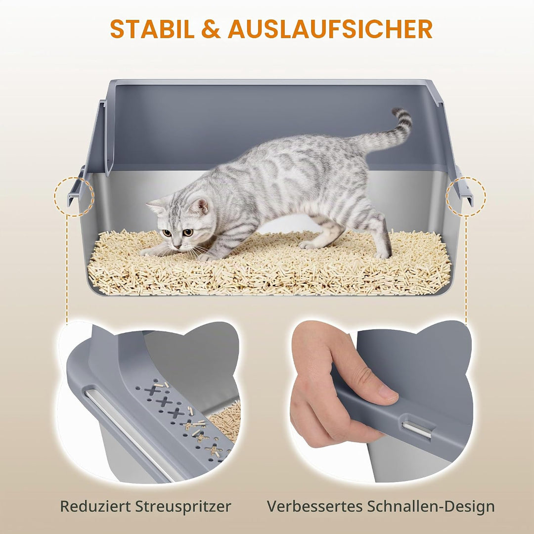 Katzenklo Edelstahl 2er Set, XXL Gross Katzentoilette, Dunkelgrau | Metall Katzentoilette mit Hoher