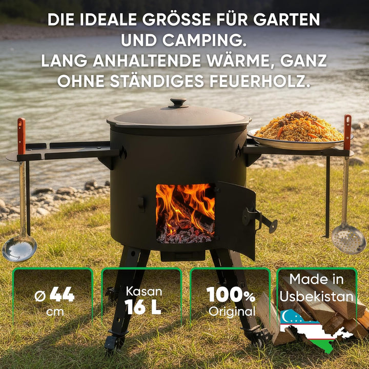 Gusseisen Kazan 16L mit Utschak Feuerofen Ø 44cm | Kasan-Set Runder Boden Deckel | Учаг Feuerschale