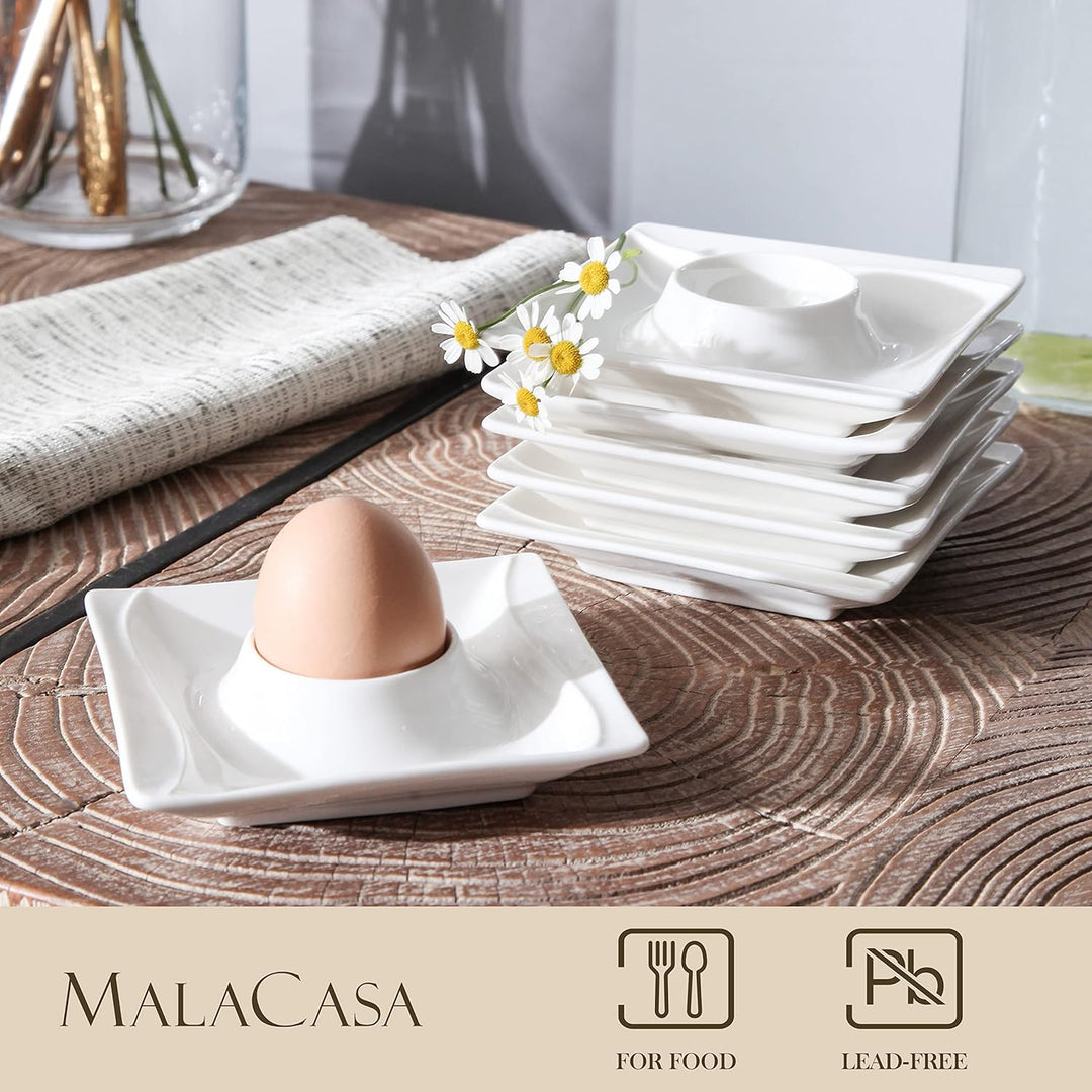 MALACASA, Serie Flora, 6 TLG. Eierbecher Set, Cremeweiss Porzellan Eierbecher mit Ablage, Eierstände