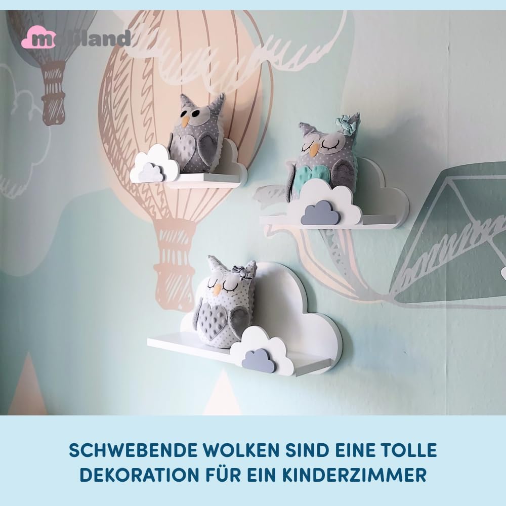 3er Set Wandregal Kinderzimmer Weiss | Babyzimmer Wolkenregal für Bücher, Spielzeug, Dekoration | Re