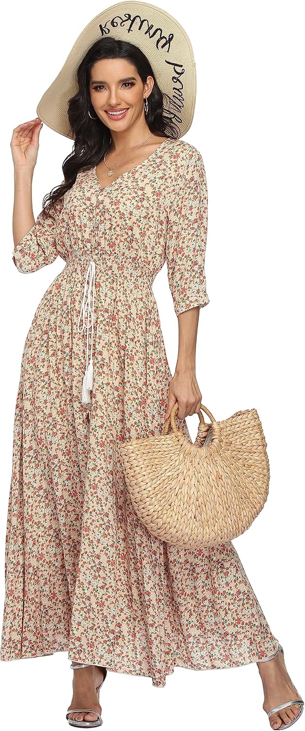 Damen Lange Split Knopf Up Sommer Maxikleid Floral Strandwear Holidy Kleid Hohe Taille mit kurzen Är